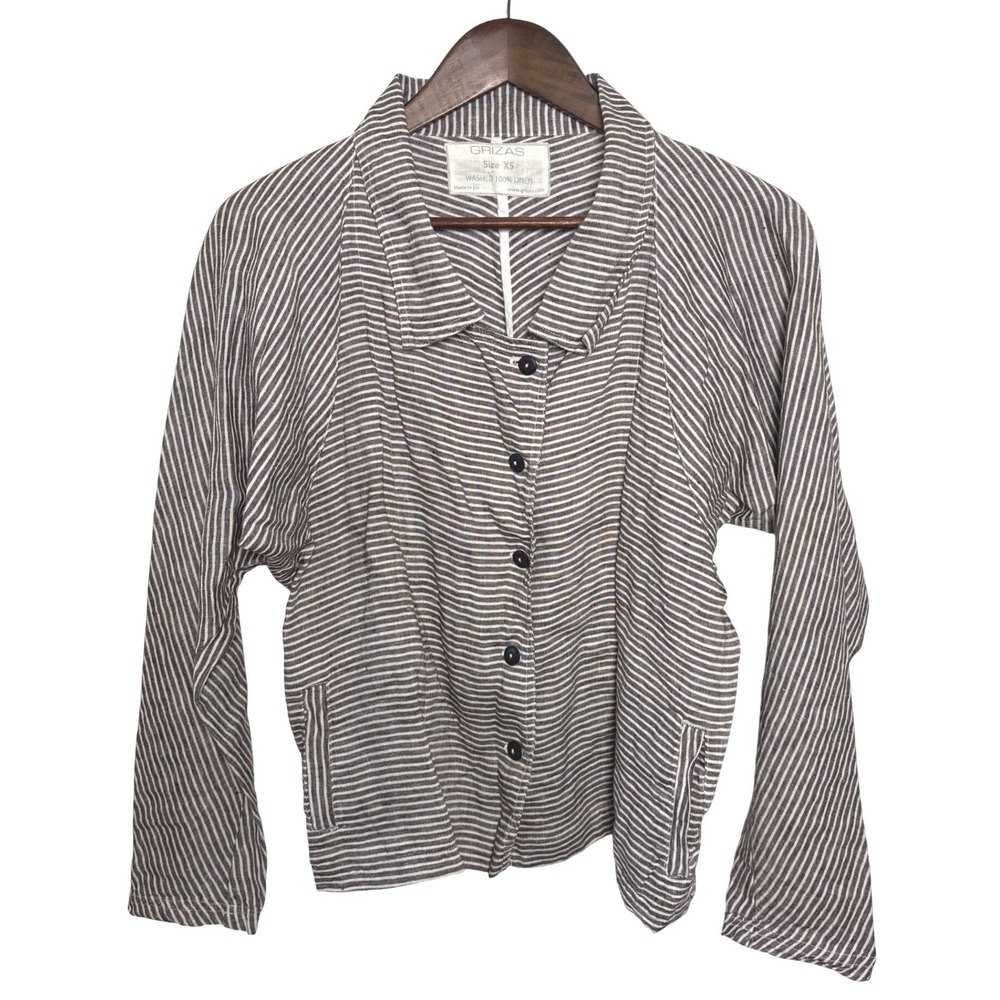 Grizas Washed 100%‎ Linen Oversized Stripe Button Up Top Extra Small